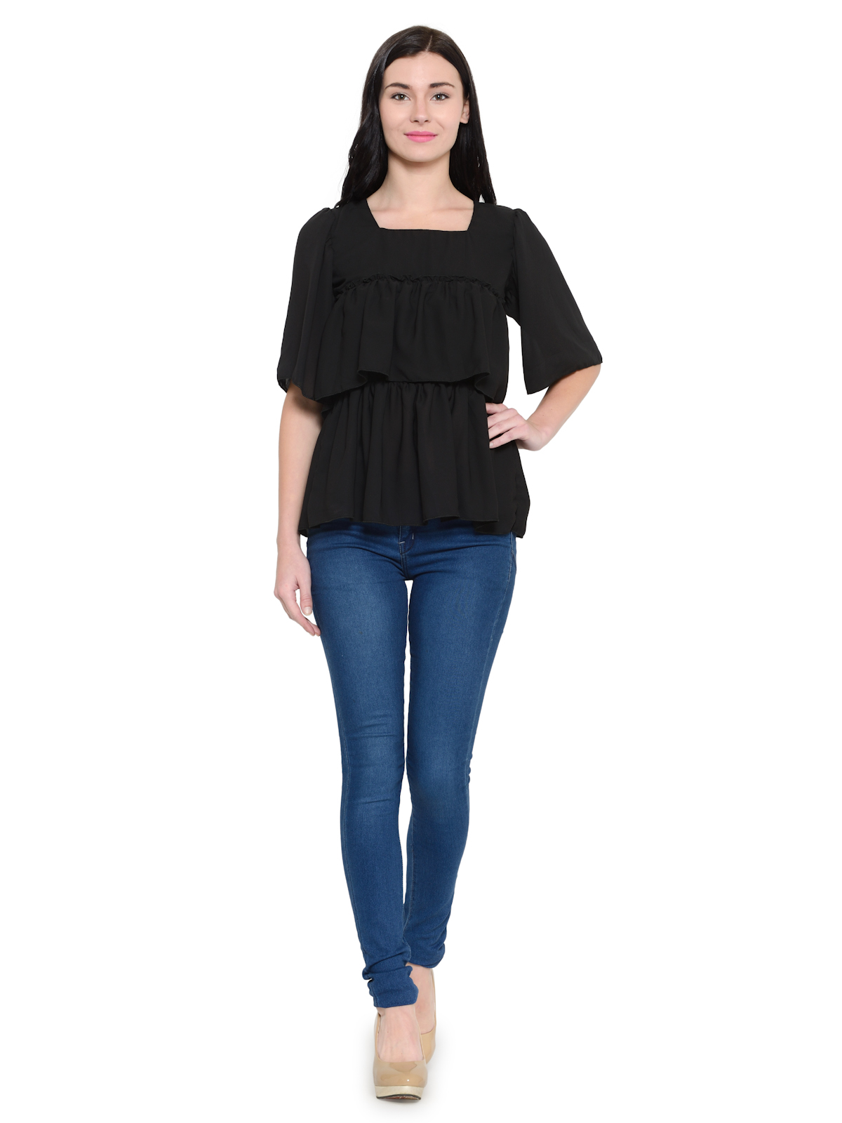 Square neck short sleeves ruffle top